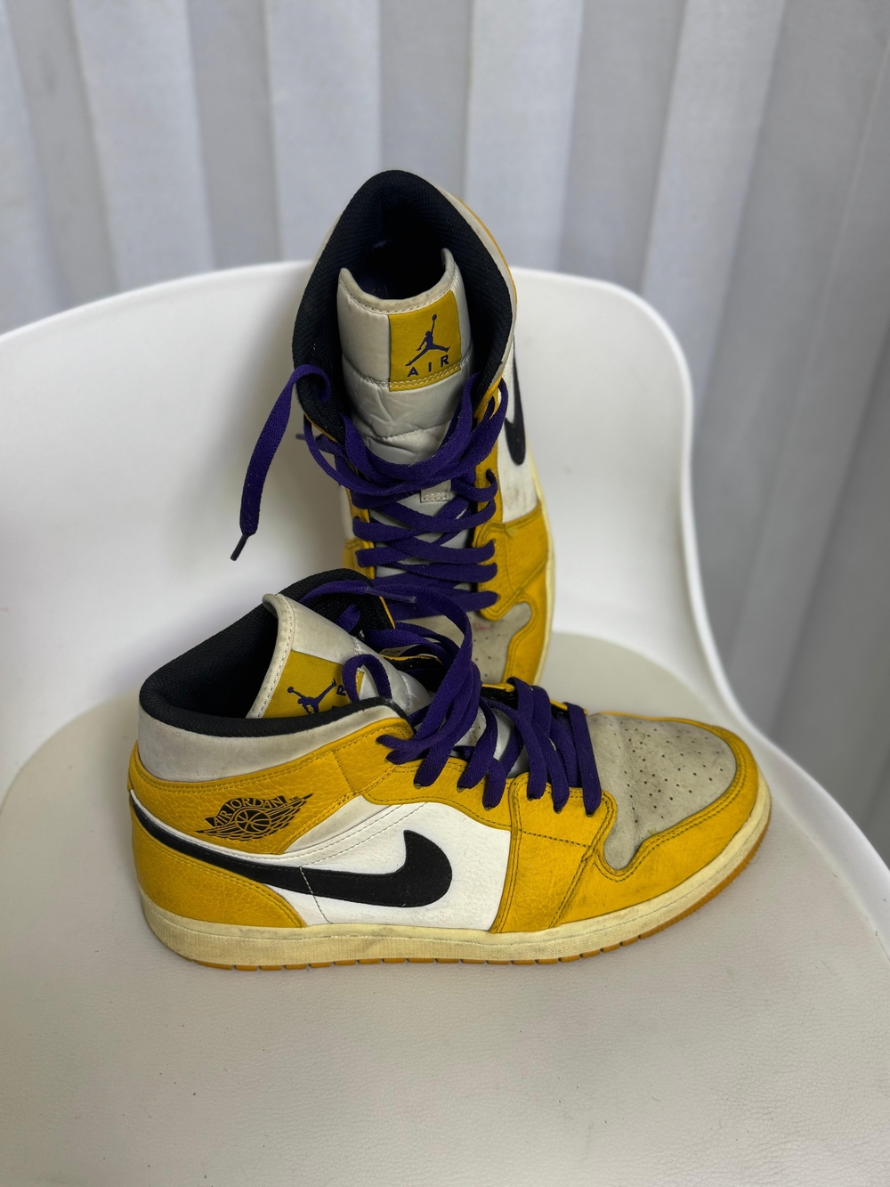 Nike Yellow White Black High-Top Sneakers with Purple Laces